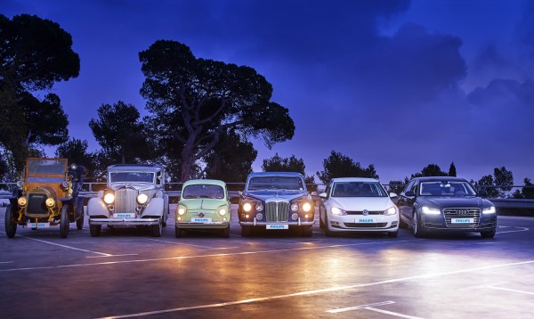 Von links nach rechts: Reyrol (1909), Packard (1934), Seat 800 (1964), Daimler DS 420 (1968), VW Golf VII (mit Halogen-Nachrüstlicht) und Audi A 8 mit LED-Matrix.