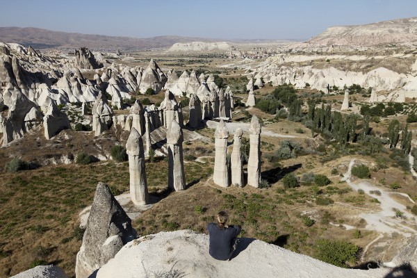 4x4Schweiz-Travel: Mario Goldstein mit einem Wasserwerfer zum Dalai Lama, Blick auf die Tuffsteinfelsen in Kappadokien nahe Göreme (Türkei)