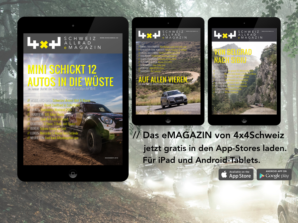 4x4Schweiz eMagazin Ausgabe Dezember 2015 Teaser: Titelseiten der letzten 3 Ausgaben des 4x4Schweiz eMagazin