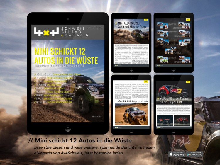 4x4Schweiz eMagazin Ausgabe Dezember 2015 Teaser: Mini schickt 12 Autos in die Wüste zur Rallye Dakar 2016