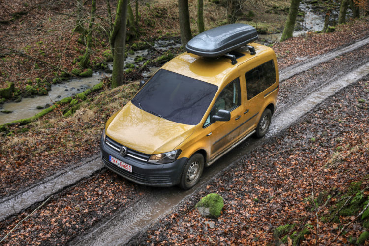 4x4Schweiz-Test: VW Caddy 4Motion Offroad auf Waldweg mit Dachbox